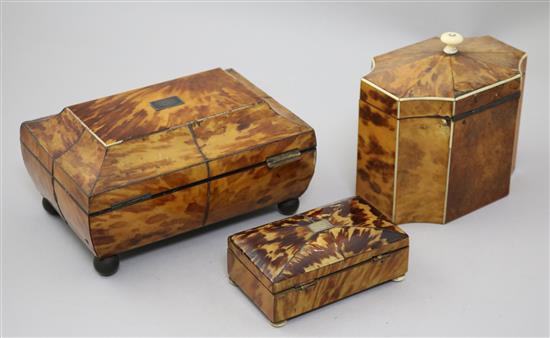 A 19th century tortoiseshell work box, a similar tea caddy and another small box, work box W. 7in.